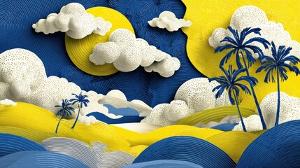 A vibrant, stylized landscape of a tropical scene.