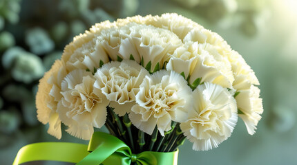 Creamy white carnations with green ribbon image