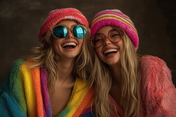 Two pals in vibrant attire giggling in a studio.