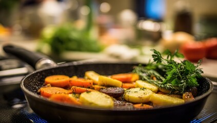 Roasted vegetables in a pan, blurred kitchen background