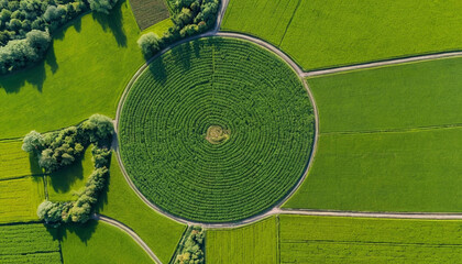 Aerial view of a circular maze in a field of vibrant green crops, surrounded by other agricultural land.