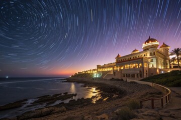 Fototapeta premium Star Trails Over Coastal Palace