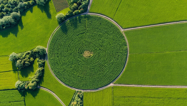 Aerial view of a circular maze in a field of vibrant green crops, surrounded by other agricultural land.