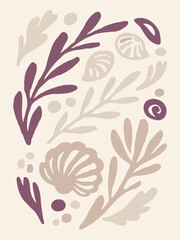 Minimalist Sea Botanicals And Shells A Modern Coastal Themed Art Poster
