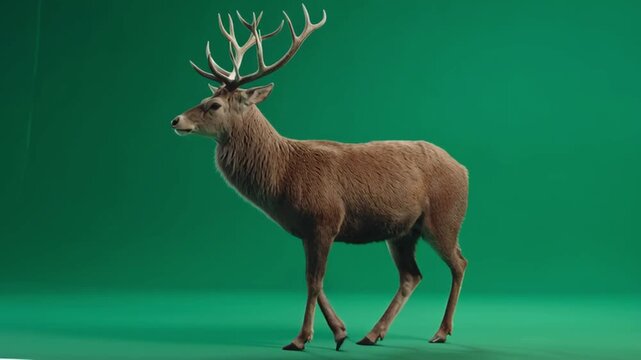 A majestic deer standing tall against a vibrant green backdrop in a studio setting green screen animal video