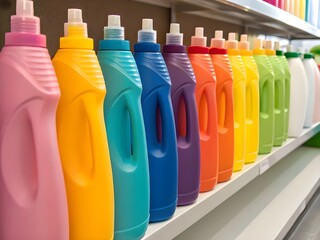 colorful detergent bottles placed in a shelf 
