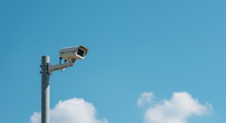 Security camera mounted on pole against blue sky with clouds  