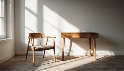 Simple wooden chair and desk in sunlit room