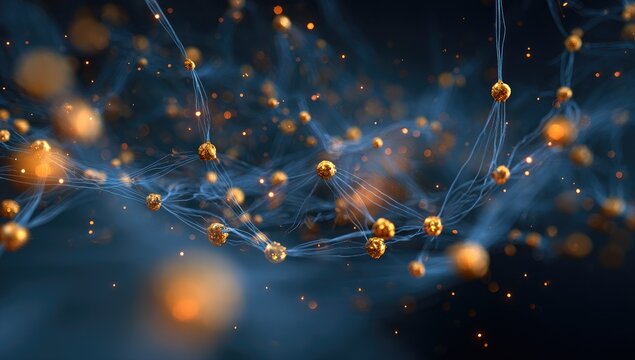 Abstract network of golden spheres connected by wispy lines in a dark blue background