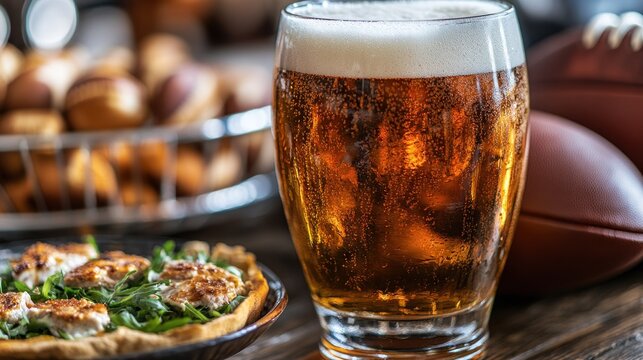 A glass of beer, football, and snacks