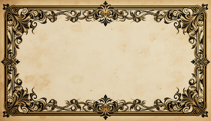 Elegant vintage rectangular frame with black and gold ornate filigree on a textured parchment background.