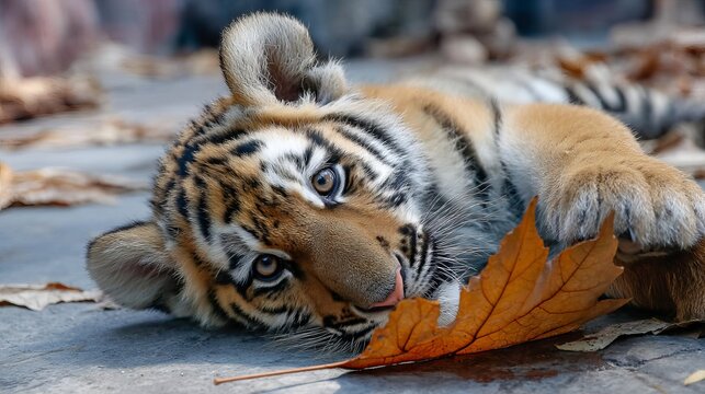 Playful baby tiger with striking blue eyes lying on the ground with autumn leaves. - Powered by Adobe