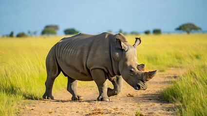 Obraz premium Majestic white rhinoceros walking on a dirt path in african savannah