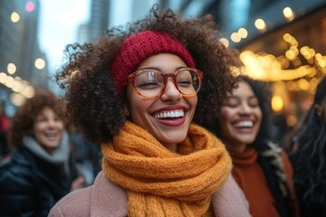 Group of friends socializing and having a good time on urban sidewalk