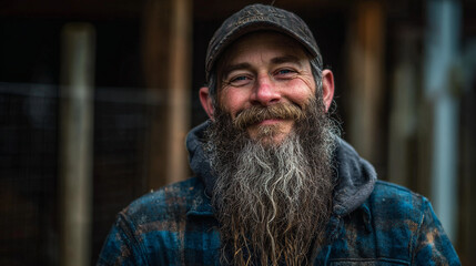 Close up portrait of a smiling man with a long beard and cap wearing a blue shirt