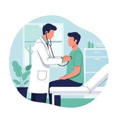 Flat vector health checkup concept, doctor using a stethoscope, patient sitting on examination bed, minimal clinic room background