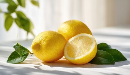 Three lemons, one halved, on a white surface, bathed in sunlight, with leaves