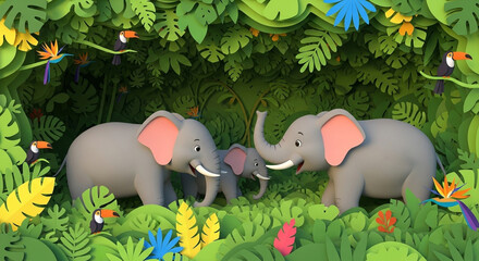 Happy Elephant Family in Jungle Paper Art.
Cute elephant family surrounded by lush jungle in vibrant paper cutout art style.
