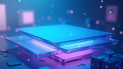 Glowing Glass Panels in Futuristic Lab.
Floating translucent glass slabs stacked in layers with bokeh lights in a sci-fi inspired tech setting.
