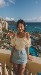 여름 패션의 젊은 한국 여성