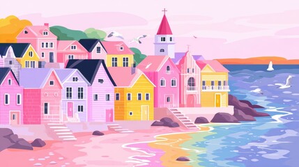 Colorful seaside town with pastel-colored houses.