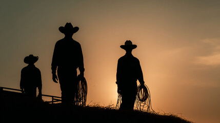 Obraz premium Silhouette of three cowboys holding ropes against a bright sunset sky backdrop
