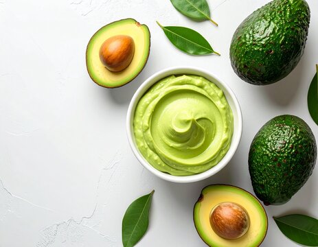 Overhead shot of avocado mousse in white bowl, wide composition with space for text. Fresh, creamy, and healthy, perfect for dessert, vegan, and food photography projects.