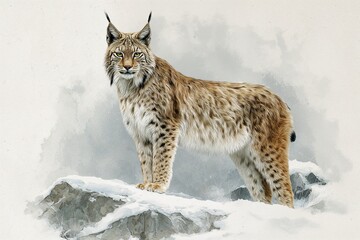 Watercolor illustration of a lynx standing alert on a snow-covered rock surrounded by a snowy mountain landscape