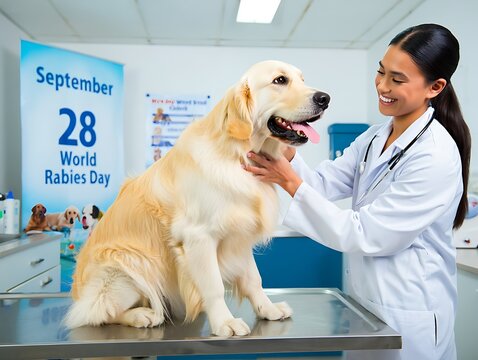 Veterinarian examines golden retriever on world rabies day