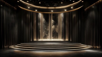 Elegant stage with gold accents and black curtains, ideal for awards ceremony or product launch.