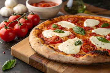 Delicious margherita pizza with fresh ingredients on a wooden board
