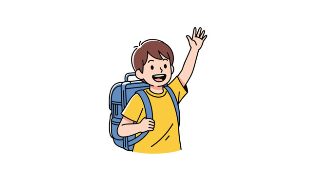 Smiling young boy with a backpack waves hello during a sunny day adventure or trip