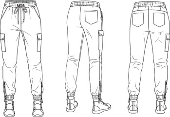 Men’s cargo jogger pants technical flat sketch, front and back view, detailed pocket, cuffed hem, fashion design vector template