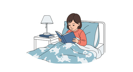 A young woman enjoys reading a captivating book in bed under the warm glow of a bedside lamp as she prepares for a peaceful night's sleep