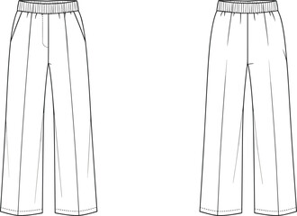 Straight leg pants flat sketch, elastic waistband design, front and back view, technical fashion drawing, casual trousers clothing template