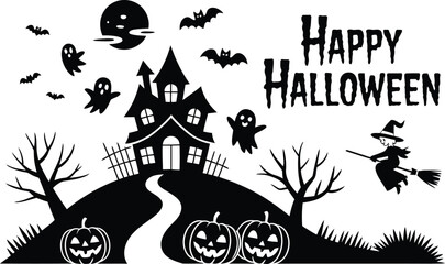 Spooky Halloween Silhouette: Haunted House, Witch, Ghosts, Bats, Pumpkins, Monochrome Illustration