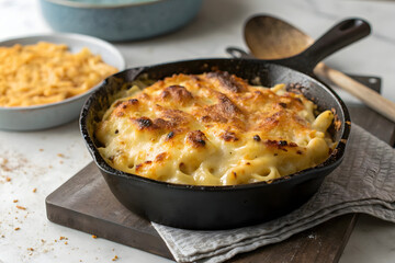 Delicious baked macaroni and cheese in a cast iron skillet