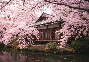 Naklejka premium Tranquil Spring: Cherry Blossoms Frame Serene House