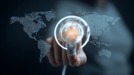Global innovation visualized as a hand touches a digital world map with glowing network connections
