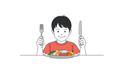 Happy child holding cutlery ready to eat a healthy meal with fruits and vegetables on a plate