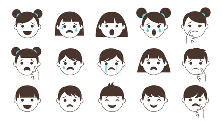 A collection of diverse childrens faces expressing various emotions through pixel art style illustrations