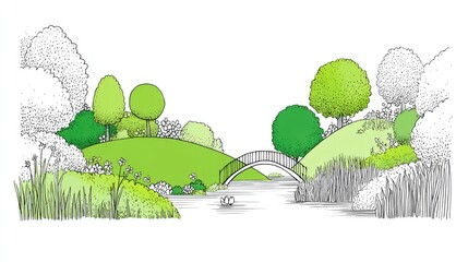 Hand-drawn illustration of a park landscape with a bridge.