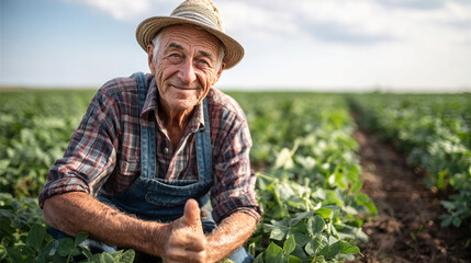 An elderly farmer in overalls and a straw hat giving a thumbs up in a green field