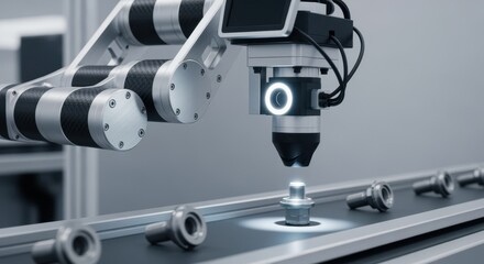 Naklejka premium Robotic system inspecting titanium aerospace fasteners on conveyor belt using machine vision to identify microscopic flaws and inconsistencies.