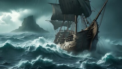 Majestic galleon navigates treacherous stormy seas near jagged island