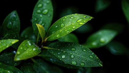 Close-up of vibrant green leaves covered in water droplets