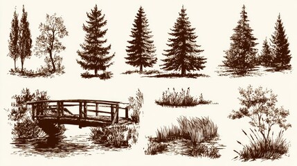 Hand-drawn illustrations of trees, a bridge, and marsh vegetation.