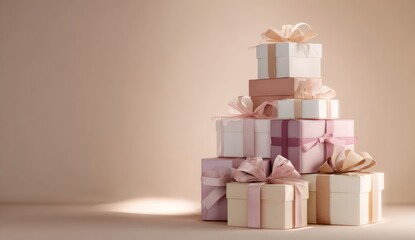 Obraz premium Stack of pastel-colored gift boxes, tied with ribbons