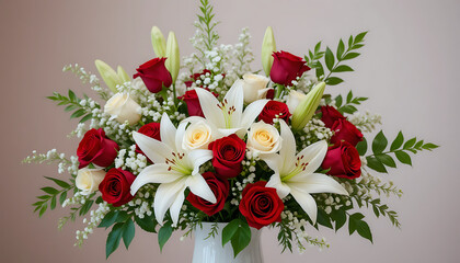 Elegant Red Roses and White Lilies Floral Arrangement.