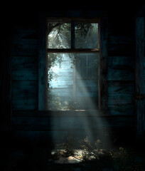Light from window of an old cabin in haunted forest,3d illustration